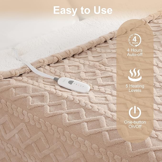 Heated Throw Blanket 50"x60" with 5 Heating Levels & 4 Hours Auto Off, Soft & Plush Sherpa Electric Blanket Throw with ETL & FCC Certification for Home Use, Machine Washable, Great Gift, Beige
