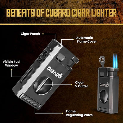 Cigar Humidor Case, Leather Cedar Wood Cigar Box with Built in Hygrometer and Humidifier, 3 in 1 Cigar Torch Lighter, V Cut and Punch Cutter, Portable Cigar Travel Humidor Kit for Men (Black)