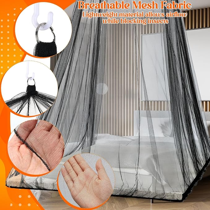 Fully Enclosed Mosquito Net Round Dome Canopy for King-Sized Beds No Opening Conical Design Bed Canopy for Insect Protection Easy Installation with Hanging Kit & Adhesive Ceiling Hook (Black)