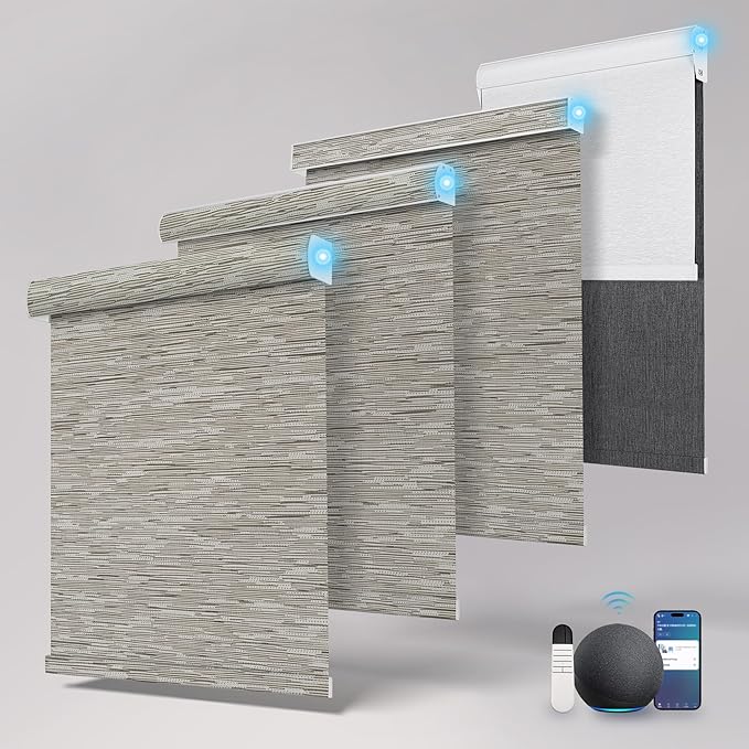 Motorized Blinds with Remote,Light Filtering Smart Roller Shades with App,Voice Control,Thermal Insulated Automatic Blinds,Electric Shades with USB/Solar Pannel.Filter Jacquard Brown