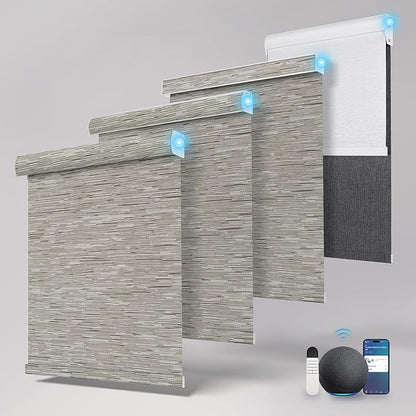 Motorized Blinds with Remote,Light Filtering Smart Roller Shades with App,Voice Control,Thermal Insulated Automatic Blinds,Electric Shades with USB/Solar Pannel.Filter Jacquard Brown