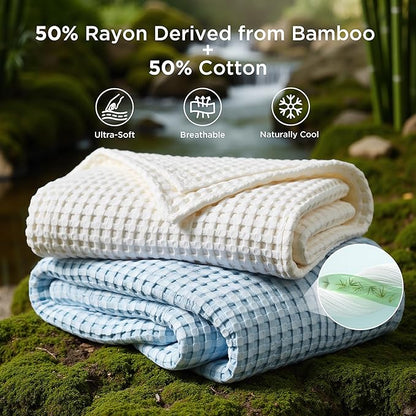 Bedsure Cooling Cotton Waffle Queen Size Blanket - Lightweight Breathable Blanket of Rayon Derived from Bamboo for Hot Sleepers, Luxury Throws for Bed, Couch and Sofa, Light Blue, 90x90 Inches