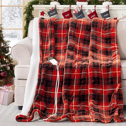 Red Christmas Electric Heated Blanket 84"x90", Fast Heating Queen with 8 Hours Auto Off/8 Heats Levels, Soft Plaid Sherpa with ETL Certification, Gift for Women Adults Keep Warm in Home Office