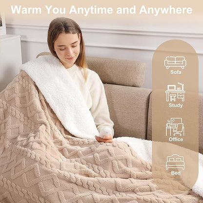 Heated Throw Blanket 50"x60" with 5 Heating Levels & 4 Hours Auto Off, Soft & Plush Sherpa Electric Blanket Throw with ETL & FCC Certification for Home Use, Machine Washable, Great Gift, Beige