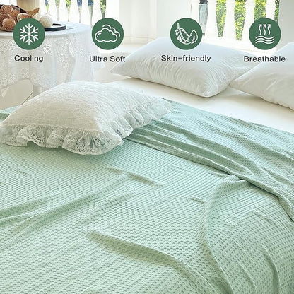 AmyHomie Cooling Blanket Queen Size, 100% Rayon Derived from Bamboo,Cool Summer Blanket for Hot Sleepers Soft Comfy Waffle Lightweight Blankets for All Seasons(90×90in,Sage Green)
