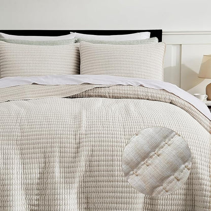 WDCOZY Beige Pick Stitch Twin Size Quilt Set, Striped Lightweight Soft Summer Spring Bedspread, Bamboo Linen Like Textured Coverlet, Chambray Farmhouse Country Rustic Bedding, Netural Thin Comforter