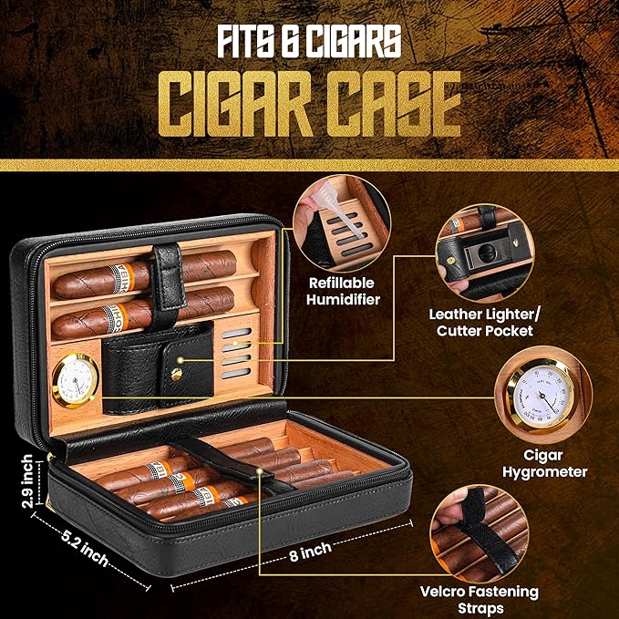 Cigar Humidor Case, Leather Cedar Wood Cigar Box with Built in Hygrometer and Humidifier, 3 in 1 Cigar Torch Lighter, V Cut and Punch Cutter, Portable Cigar Travel Humidor Kit for Men (Black)