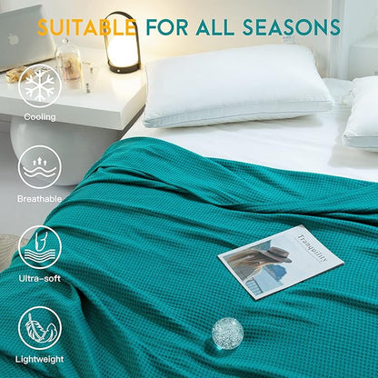AmyHomie Cooling Blanket Queen Size, 100% Rayon Derived from Bamboo, Cool Summer Blanket for Hot Sleepers Soft Comfy Waffle Lightweight Blankets for All Seasons(Teal, 90×90in)