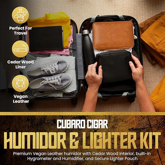 Cigar Humidor Case, Leather Cedar Wood Cigar Box with Built in Hygrometer and Humidifier, 3 in 1 Cigar Torch Lighter, V Cut and Punch Cutter, Portable Cigar Travel Humidor Kit for Men (Brown)