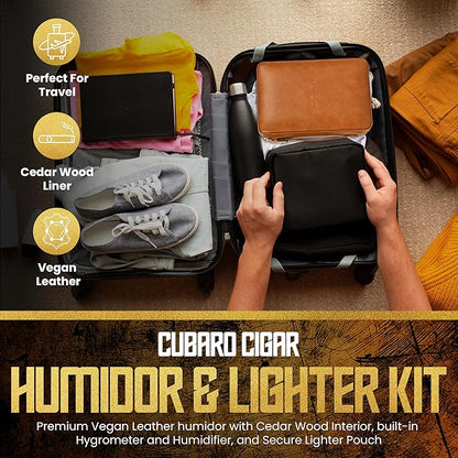 Cigar Humidor Case, Leather Cedar Wood Cigar Box with Built in Hygrometer and Humidifier, 3 in 1 Cigar Torch Lighter, V Cut and Punch Cutter, Portable Cigar Travel Humidor Kit for Men (Brown)
