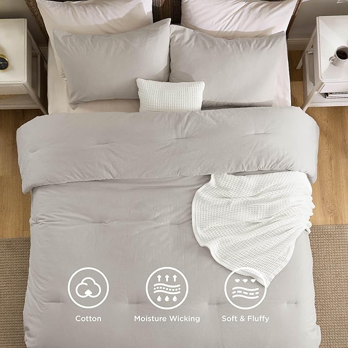 Bedsure 5 Pieces Cotton Comforter Set with Waffle Throw Blanket - Soft Breathable Bedding Set for All Seasons, Beige Queen Comforter, Pillow Shams, White 100% Cotton Blanket, Throw Pillow