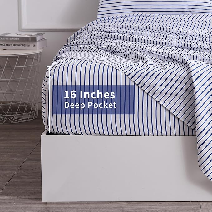 Queen Blue Striped Bed Sheet Set 4 Piece with 16-Inch Deep Pockets- Super Soft & Wrinkle Free Stripe Bed Sheets - Hotel Luxury Blue White Striped Pinstripe Bedding for All Season