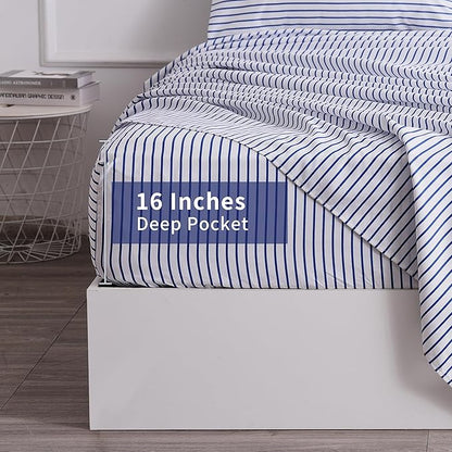 Queen Blue Striped Bed Sheet Set 4 Piece with 16-Inch Deep Pockets- Super Soft & Wrinkle Free Stripe Bed Sheets - Hotel Luxury Blue White Striped Pinstripe Bedding for All Season