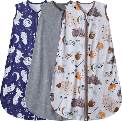 3 Pack Baby Sleep Sack 100% Rayon Cotton Baby Sleeping Bag 2-Way Zipper Toddler Wearable Blankets TOG 0.3. (Fox&Dinosaurs&Dark gray, 18-24 Months)