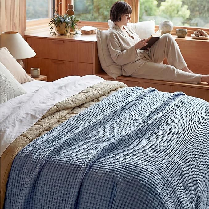 Bedsure Cooling Cotton Waffle Full Size Blanket - Lightweight Breathable Blanket of Rayon Derived from Bamboo for Hot Sleepers, Luxury Throws for Bed, Couch and Sofa, Dusty Blue, 80x90 Inches