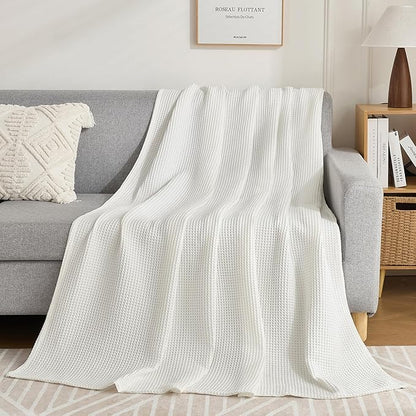 Chlophy Waffle Weave Throw Blanket Twin Cotton Bamboo Cooling Throw Cozy Lightweight Breathable Knit Decorative for Couch, Sofa, Bed, Living Room, White, 60"x80"