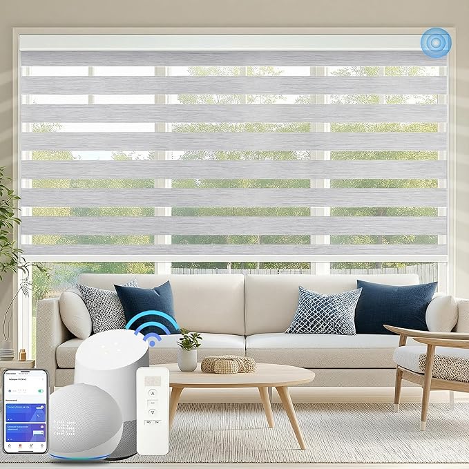 Motorized Zebra Blinds for Windows Cordless Electric Curtains with Remote Control Blackout Shades Custom Smart Blinds Compatible with Alexa Google Home(95% Blackout Grey,W42 X 72in)