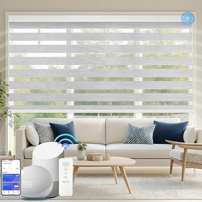 Motorized Zebra Blinds for Windows Cordless Electric Curtains with Remote Control Blackout Shades Custom Smart Blinds Compatible with Alexa Google Home(95% Blackout Grey,W28 X 72in)