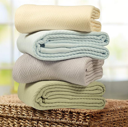 Threadmill Luxury Cotton Blankets for Queen Size Bed | All-Season 100% Cotton Queen Size Blanket | Herringbone Cozy, Soft Breathable Fall Thermal Blanket fits Full Size Bed | Vanilla Cream