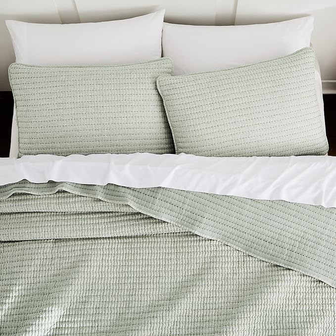 WDCOZY Sage Green Pick Stitch King Size Quilt Set, Striped Lightweight Soft Summer Spring Bedspread, Bamboo Linen Like Textured Coverlet, Chambray Farmhouse Country Rustic Thin Bedding Comforter