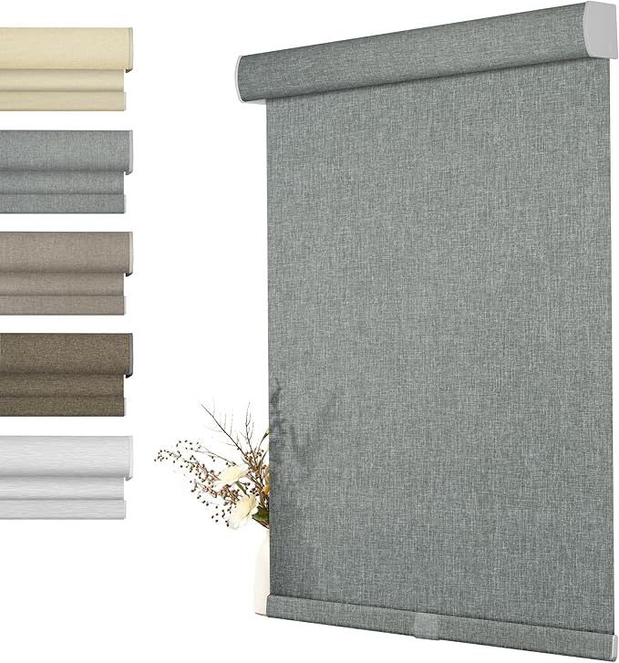 BERISSA Light Filtering Roller Shades for Windows,Cordless Roller Window Shades with Cassette Valance,Linen Roller Blinds,Thermal Insulation Window Shades for Home Door Office. Grey.17 W x 48" H