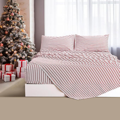 Burgundy Red Striped Sheets Set Queen Size 4 Piece - Super Soft, Easy Care & Breathable Red and White Pinstripe Bed Sheet Set with 16-Inch Deep Pockets, Great Gift for Christmas & Birthday