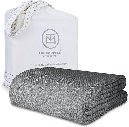 Threadmill Luxury Cotton Blankets for Queen Size Bed | All-Season 100% Cotton Queen Size Blanket | Herringbone Cozy, Soft Breathable Fall Thermal Blanket fits Full Size Bed | Dark Grey