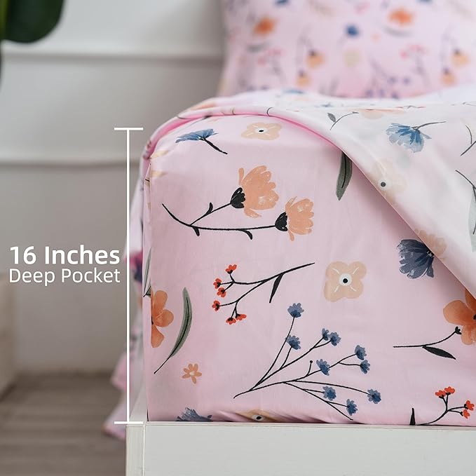 Pink Flower Twin Sheets 3 Piece Set - Botanical Pattern Microfiber Bedding Decor - Breathable, Durable, Up to 16" Deep Pocket Bed Sheet for Girls