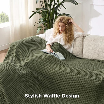 Bedsure Cooling Cotton Waffle Oversized King Blanket - Lightweight Breathable Rayon Derived from Bamboo for Hot Sleepers, Luxury Throws for Bed and Sofa, Olive Green, 120x96 Inches
