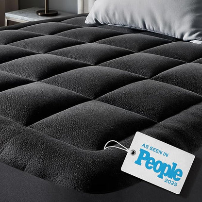 Ultra Soft Queen Size Mattress Topper - Viscose Made from Bamboo Pillow Top Mattress Pad for Back Pain Relief - Naturally Cooling for Hot Sleepers, Black