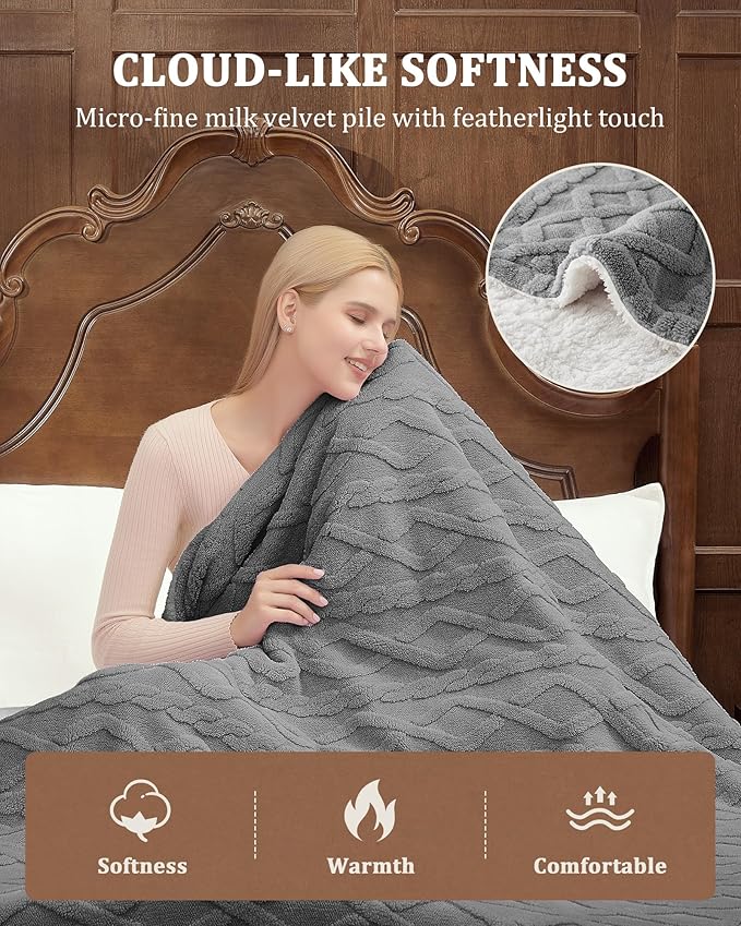 CAROMIO Heated Throw Blanket - Thick Tufted Sherpa Electric Blanket Throw with 10 Heating Levels and 10 Time Settings, ETL Certified Machine Washable Fast Heating Blanket Throw 50"×60", Grey