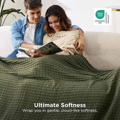 Bedsure Cooling Cotton Waffle Oversized King Blanket - Lightweight Breathable Rayon Derived from Bamboo for Hot Sleepers, Luxury Throws for Bed and Sofa, Olive Green, 120x96 Inches