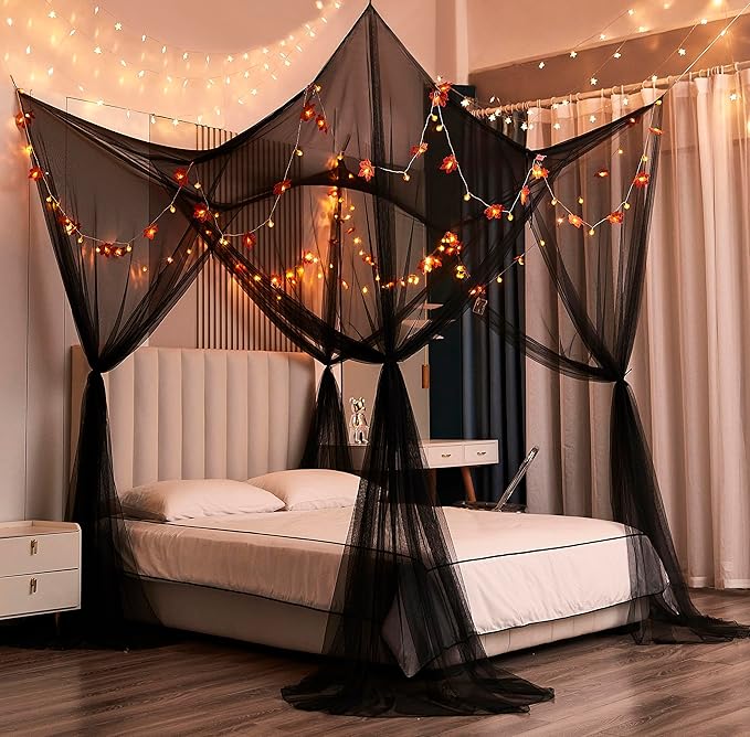 Mengersi Bed Canopy with Lights,Maple Leaf Pumpkin Canopy Bed Curtains Mosquito net,Halloween Theme Party Supplies Festival Decor,Black