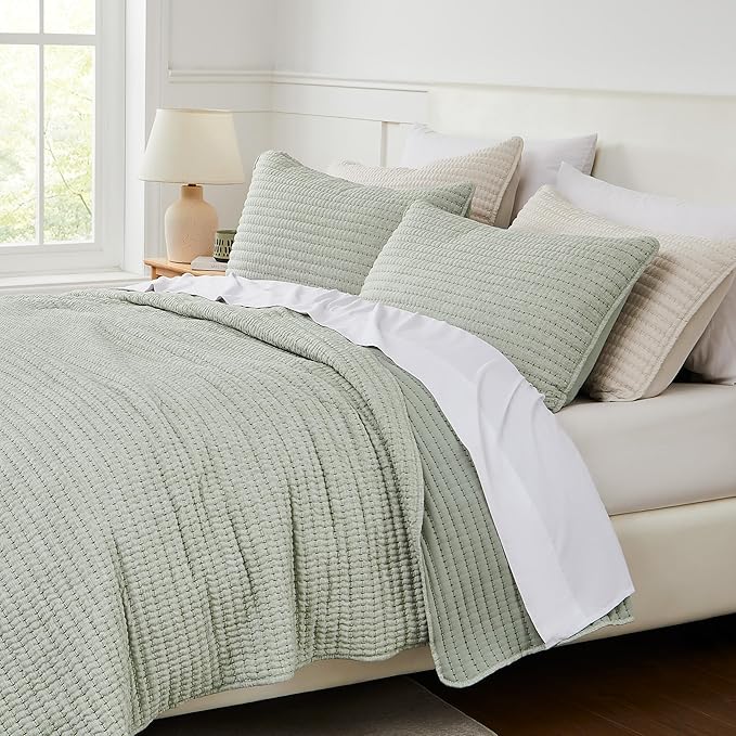 WDCOZY Sage Green Pick Stitch King Size Quilt Set, Striped Lightweight Soft Summer Spring Bedspread, Bamboo Linen Like Textured Coverlet, Chambray Farmhouse Country Rustic Thin Bedding Comforter