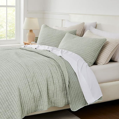 WDCOZY Sage Green Pick Stitch Twin Size Quilt Set, Striped Lightweight Soft Summer Spring Bedspread, Bamboo Linen Like Textured Coverlet, Chambray Farmhouse Country Rustic Thin Bedding Comforter