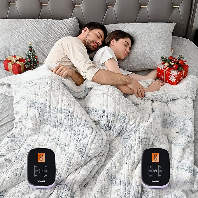 WOOMER Heated Blanket King Size Electric Blanket 90"x 100", Faux Fur Fast Heating, 10 Heating Levels & 0.5-12H Auto Off, Dual Control, Over-Heat Protection, ETL Certification