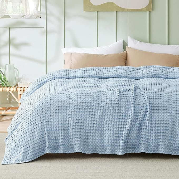 Bedsure Cooling Cotton Waffle King Size Blanket - Lightweight Breathable Blanket of Rayon Derived from Bamboo for Hot Sleepers, Luxury Throws for Bed, Couch and Sofa, Light Blue, 104x90 Inches