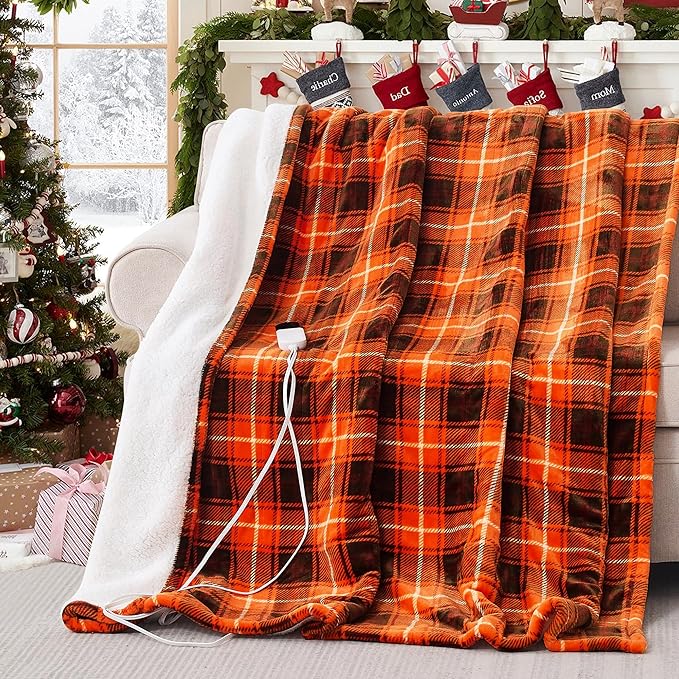 Electric Heated Blanket 50"x60",Fast Heated Throw with 8 Hours Auto Off/8 Heats Levels,Soft Orange Plaid Sherpa Electric Blanket with ETL Certification & Over-Heat Protection