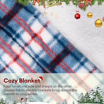 MAXEVE Faux Fur Heated Electric Blanket, 50"x60" Fast Heating Warming Throw Blankets with 8 Heating Levels & 8 Hours Auto Off with Over-Heat Protection & ETL Certified, Plaid Blue