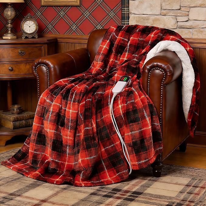 Red Christmas Electric Heated Blanket 90"x100", Fast Heating King with 8 Hours Auto Off/8 Heats Levels, Soft Plaid Sherpa with ETL Certification, Gift for Women Adults Keep Warm in Home Office