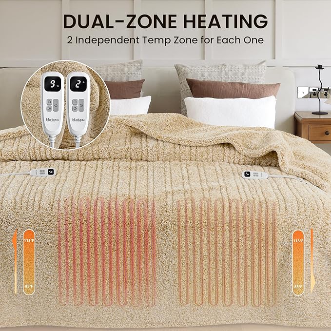Heated Blanket Electric Blanket Queen - Fast Heating Blanket Throw Dual Control Double Sided Sherpa with 10 Heating Levels & 2-10 Hours Auto Off, Mashine Washable, 84 x 90 Inches, Camel