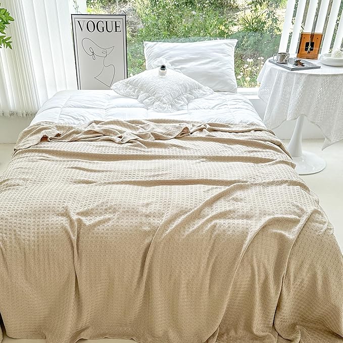 AmyHomie Cooling Blanket King Size, 100% Rayon Derived from Bamboo, Cool Summer Blanket for Hot Sleepers Soft Comfy Waffle Lightweight Blankets for All Seasons(108×90in,Khaki)
