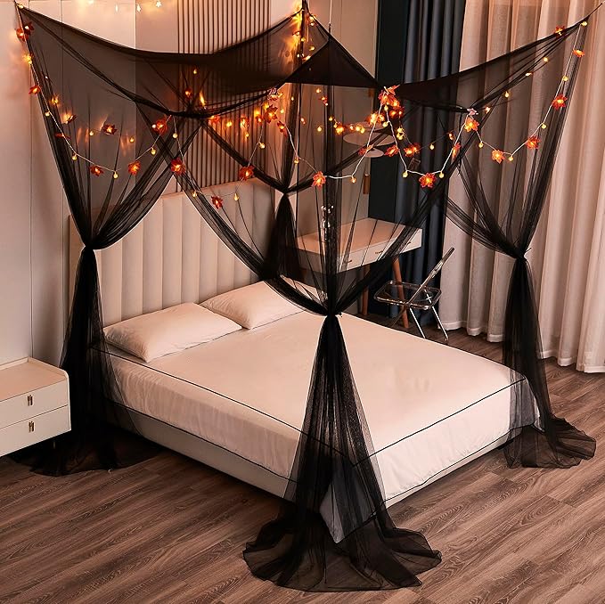 Mengersi Bed Canopy with Lights,Maple Leaf Pumpkin Canopy Bed Curtains Mosquito net,Halloween Theme Party Supplies Festival Decor,Black