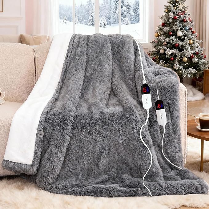 Heated Blanket - Soft Shaggy Faux Rabbit Fur Electric Blanket, Fast Heating Blanket with 10 Hours Auto Shut Off, 6 Fast Heating Levels (Gray, 90"X100")