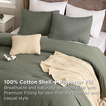 Bedsure 5 PCS Cotton Comforter Set with Waffle Throw Blanket - Breathable Bedding Set for All Seasons, Olive Green Queen Comforter, Pillow Shams, Beige 100% Cotton Blanket, Throw Pillow