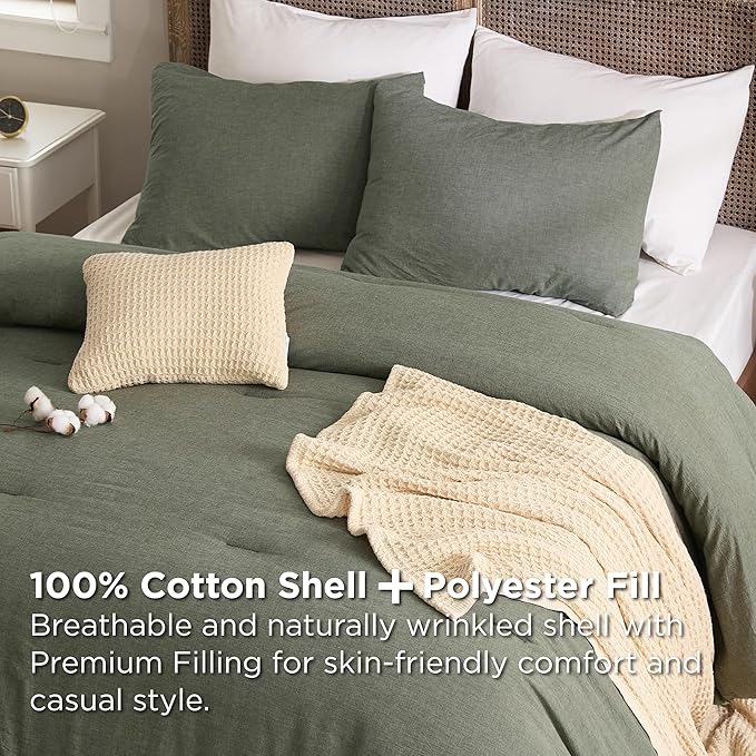 Bedsure 5 PCS Cotton Comforter Set with Waffle Throw Blanket - Breathable Bedding Set for All Seasons, Olive Green Comforter King Size, Pillow Shams, Beige 100% Cotton Blanket, Throw Pillow