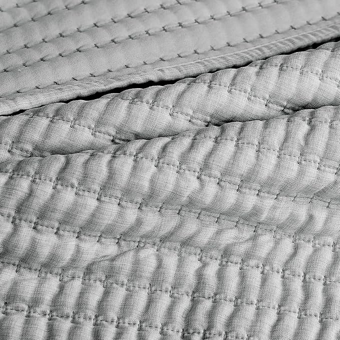 WDCOZY Grey Pick Stitch Queen Size Quilt Set, Striped Channel Lightweight Soft All Season Bedspread, Bamboo Linen Like Textured Coverlet, Farmhouse Country Rustic Bedding, Thin Comforter