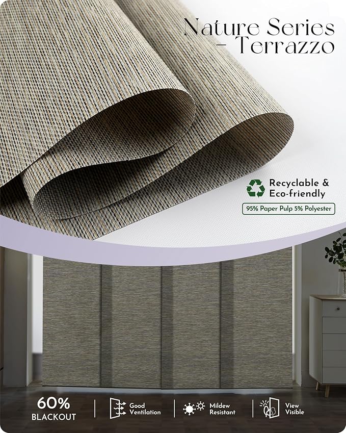 Graywind Motorized Natural Sliding Panels Compatible with Alexa Google Light Filtering Smart Panel Track Blinds for Patio Sliding Door, Custom Size (Terrazzo)