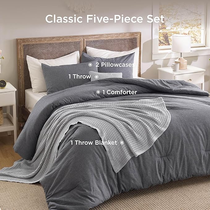 Bedsure 5 PCS Cotton Comforter Set with Waffle Throw Blanket - Soft Breathable Bedding Set for All Seasons, Dark Grey Comforter King Size, Pillow Shams, Grey 100% Cotton Blanket, Throw Pillow