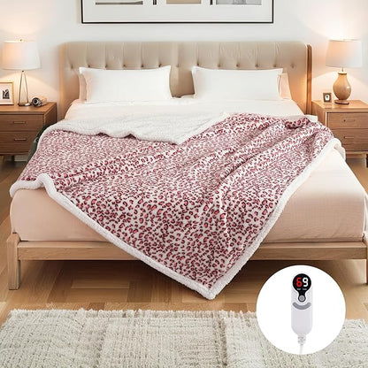 Electric Heated Blanket Full Size 72"x84", Ultra-Soft Plush with Overheat Protection, 9 Adjustable Heat Settings & 10-Hour Auto-Off Timer, Fast Heating for Winter Comfort, Pink White Leopard Print